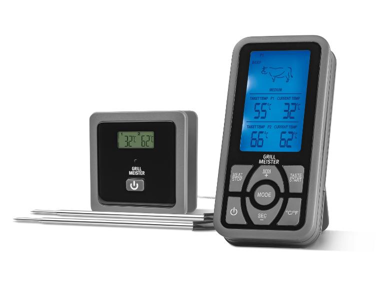 Un thermomètre Grill Meister sans fil avec deux sondes pour cuire de la viande.