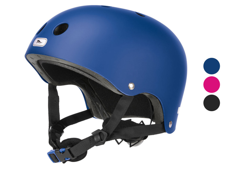 Blauwe fietshelm met verstelbare kinband.